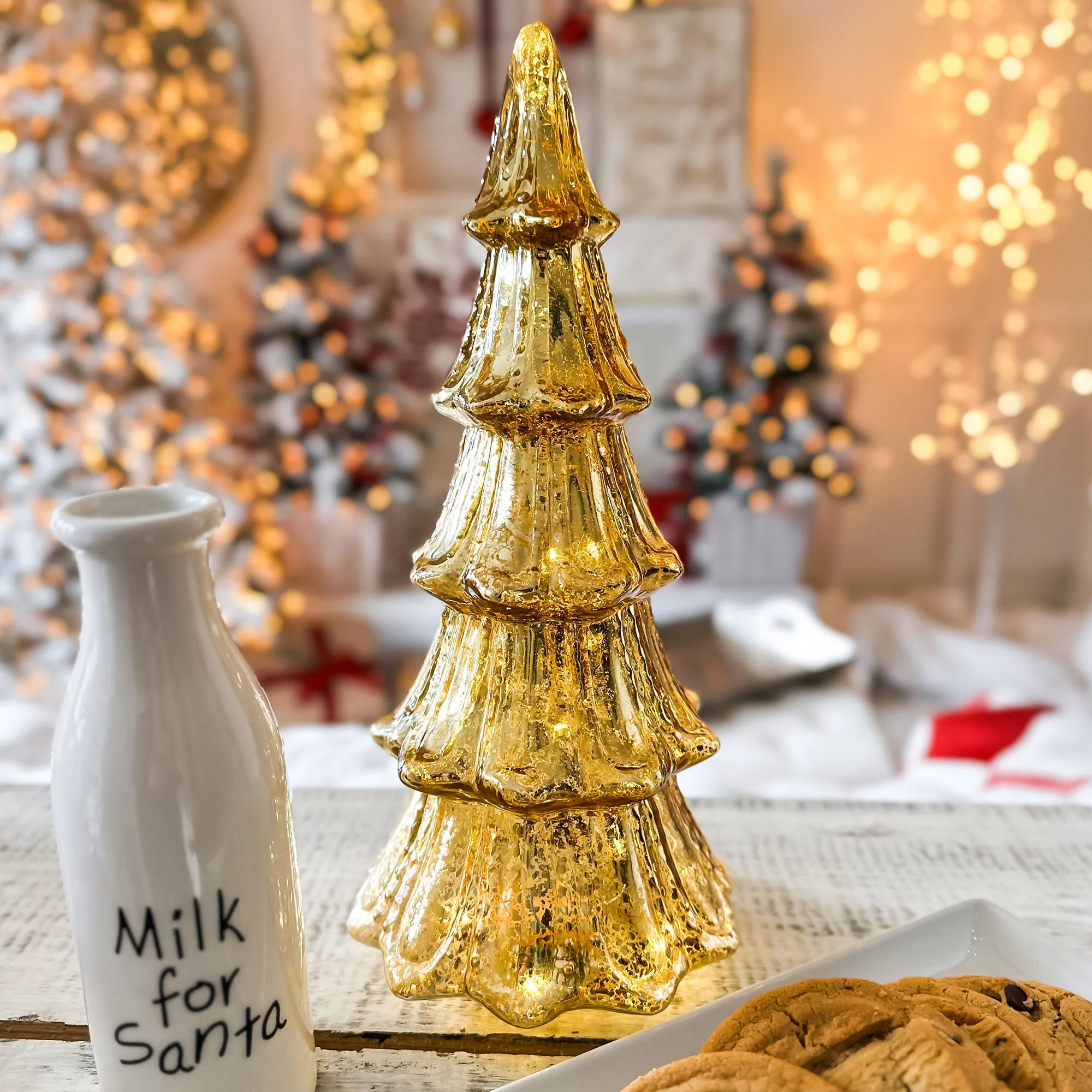 14 Inch Lighted Mercury Glass Christmas Tree (Gold or Silver) - Image 4