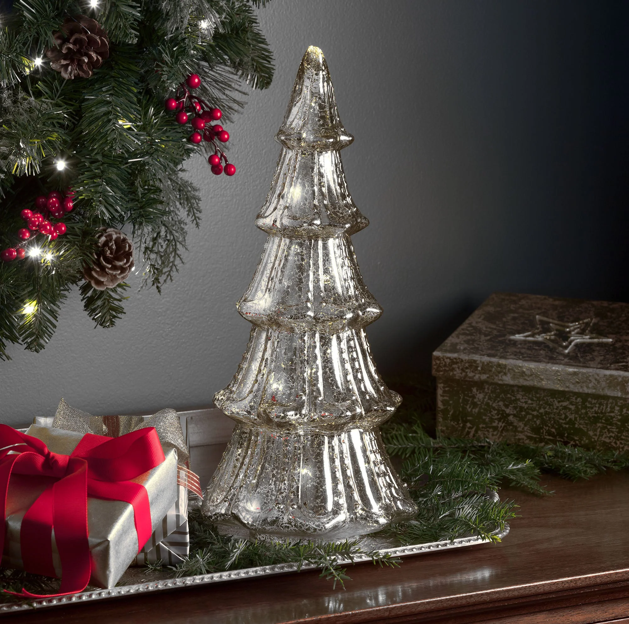 14 Inch Lighted Mercury Glass Christmas Tree (Gold or Silver) - Image 8