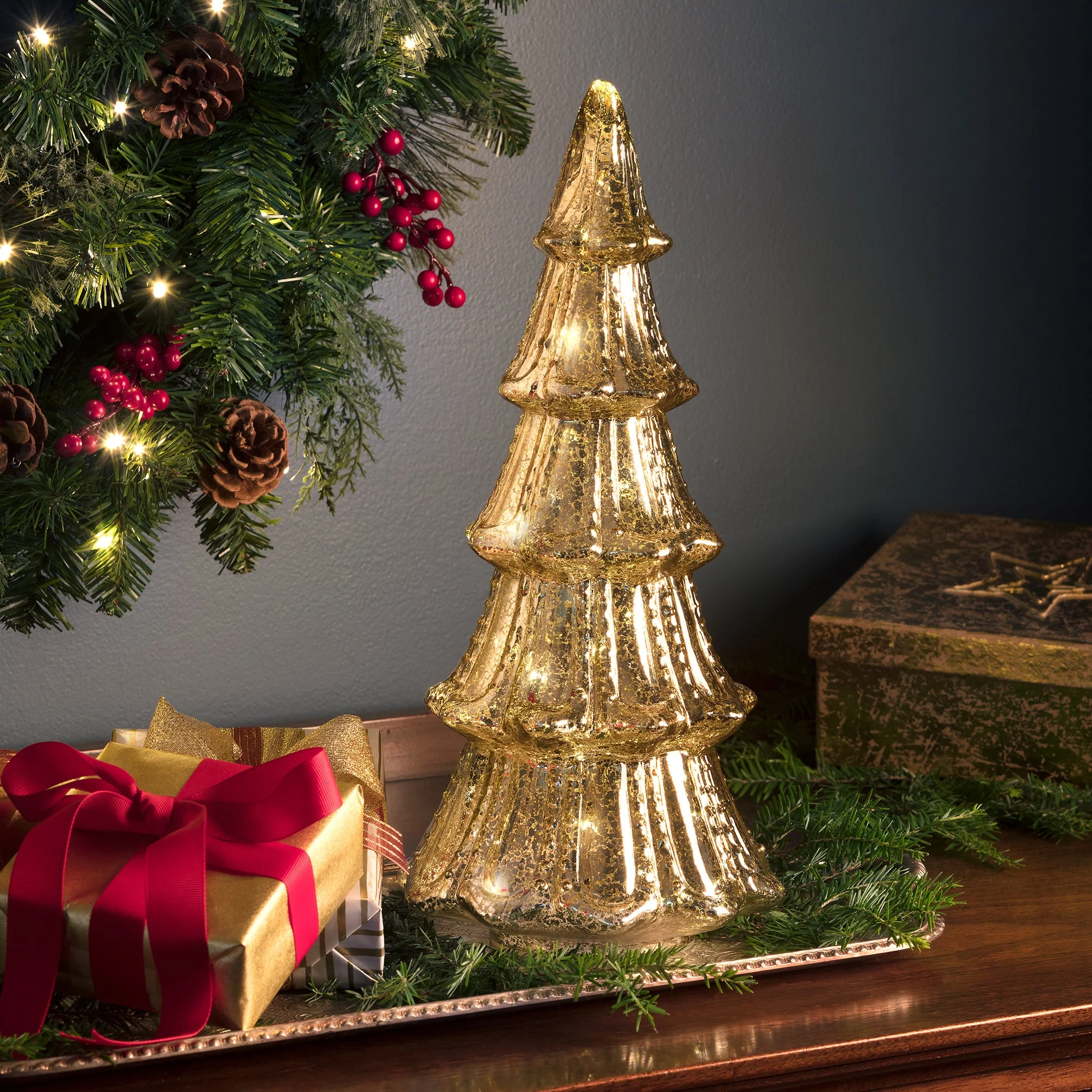14 Inch Lighted Mercury Glass Christmas Tree (Gold or Silver) - Image 9