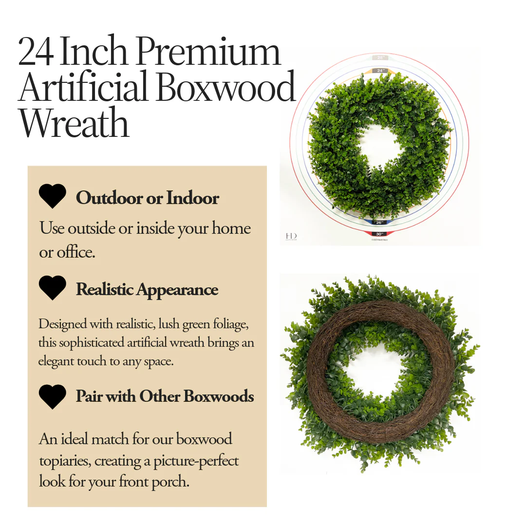 24 Inch Premium Artificial Boxwood Wreath - 100% Recycled Plastic & Natural Grapevine - Image 4