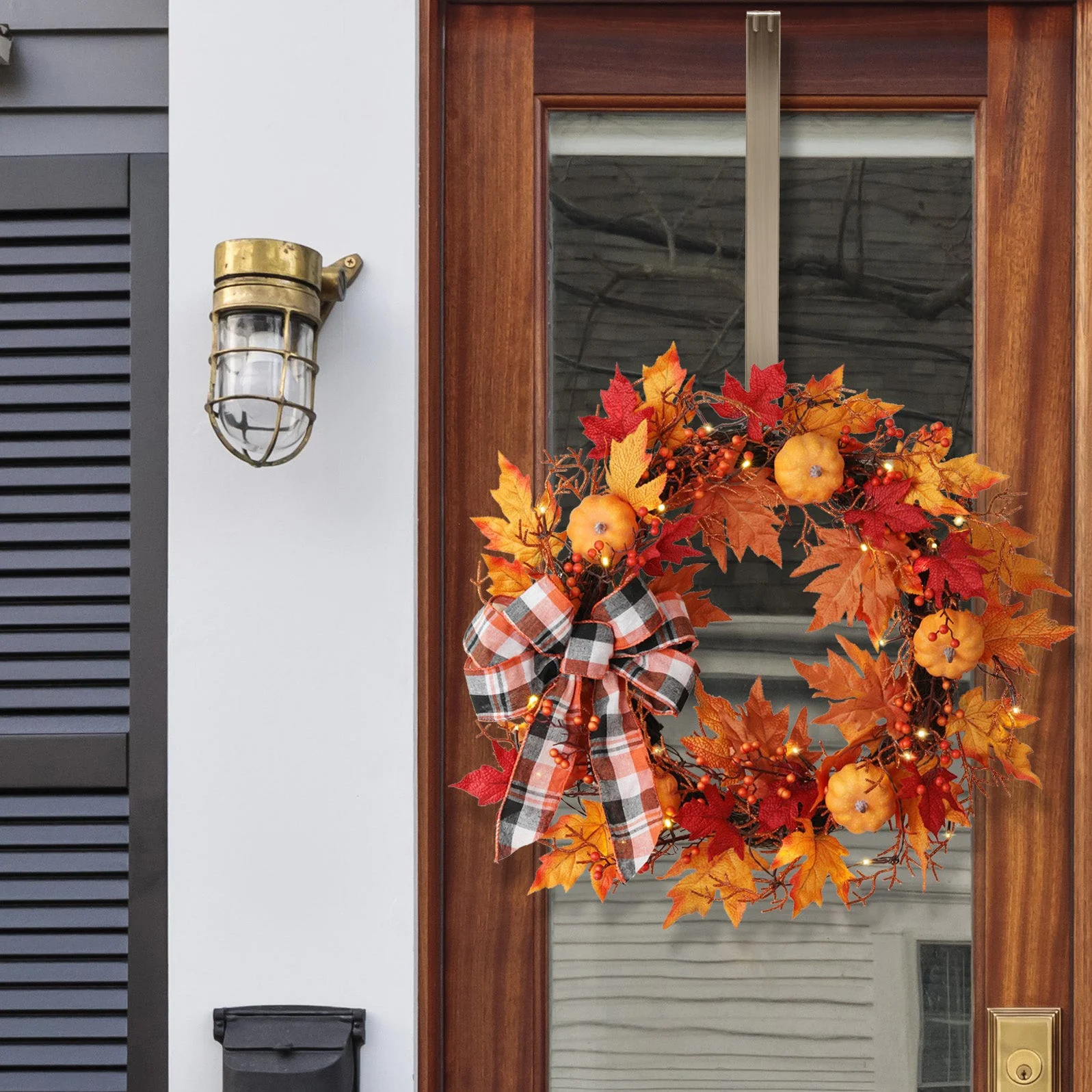 24 Inch Pre-lit Halloween Pumpkin Plaid Wreath - Image 4