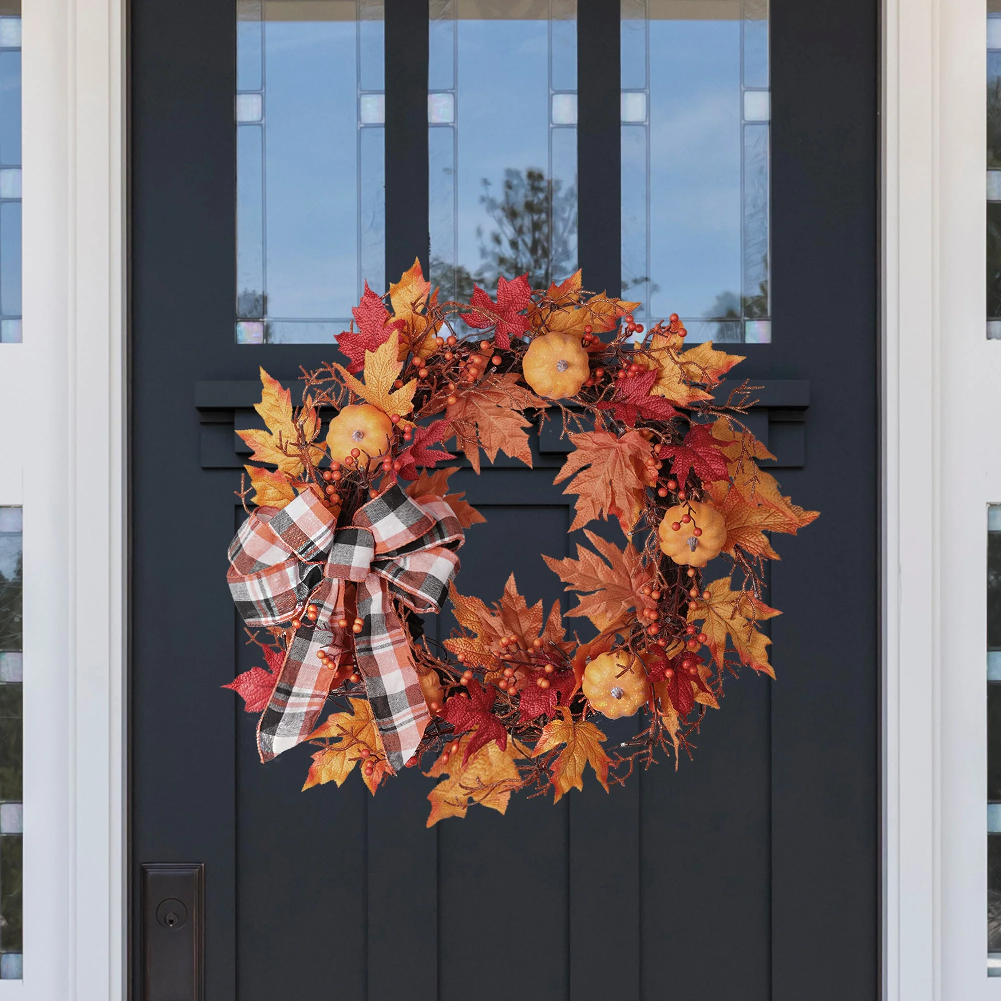 24 Inch Pre-lit Halloween Pumpkin Plaid Wreath - Image 5