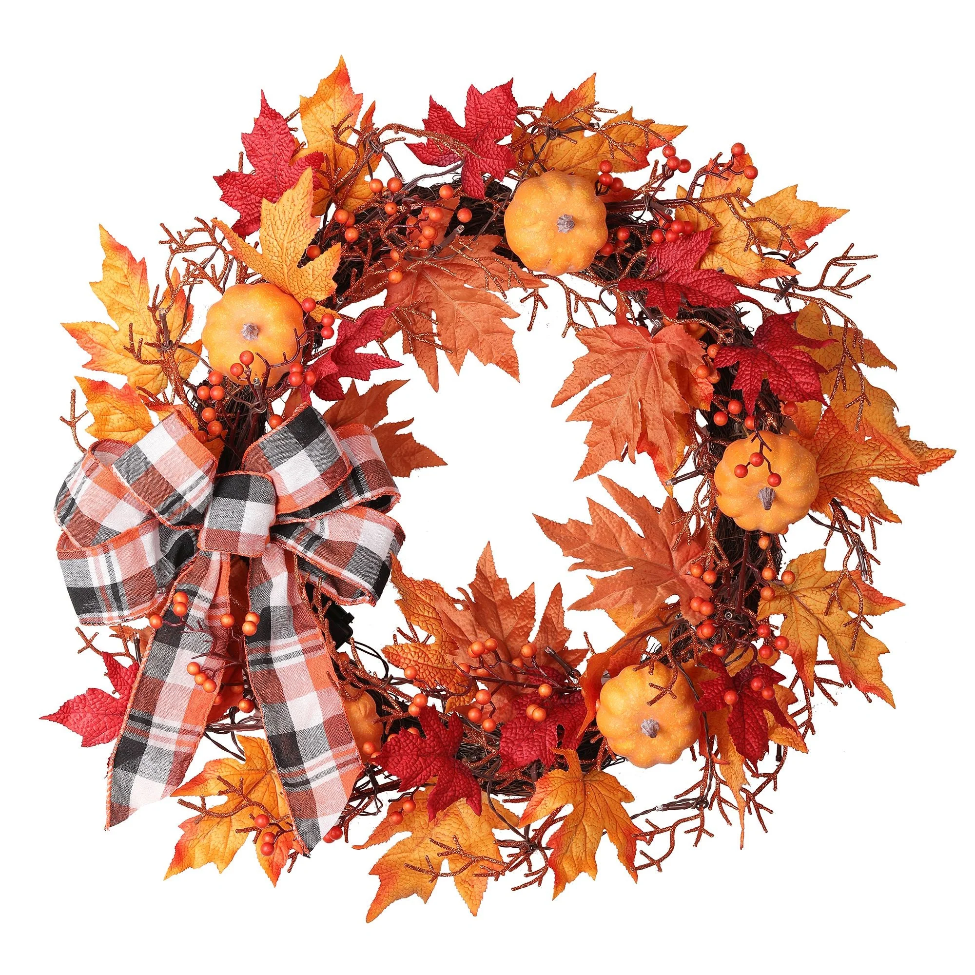 24 Inch Pre-lit Halloween Pumpkin Plaid Wreath - Image 7