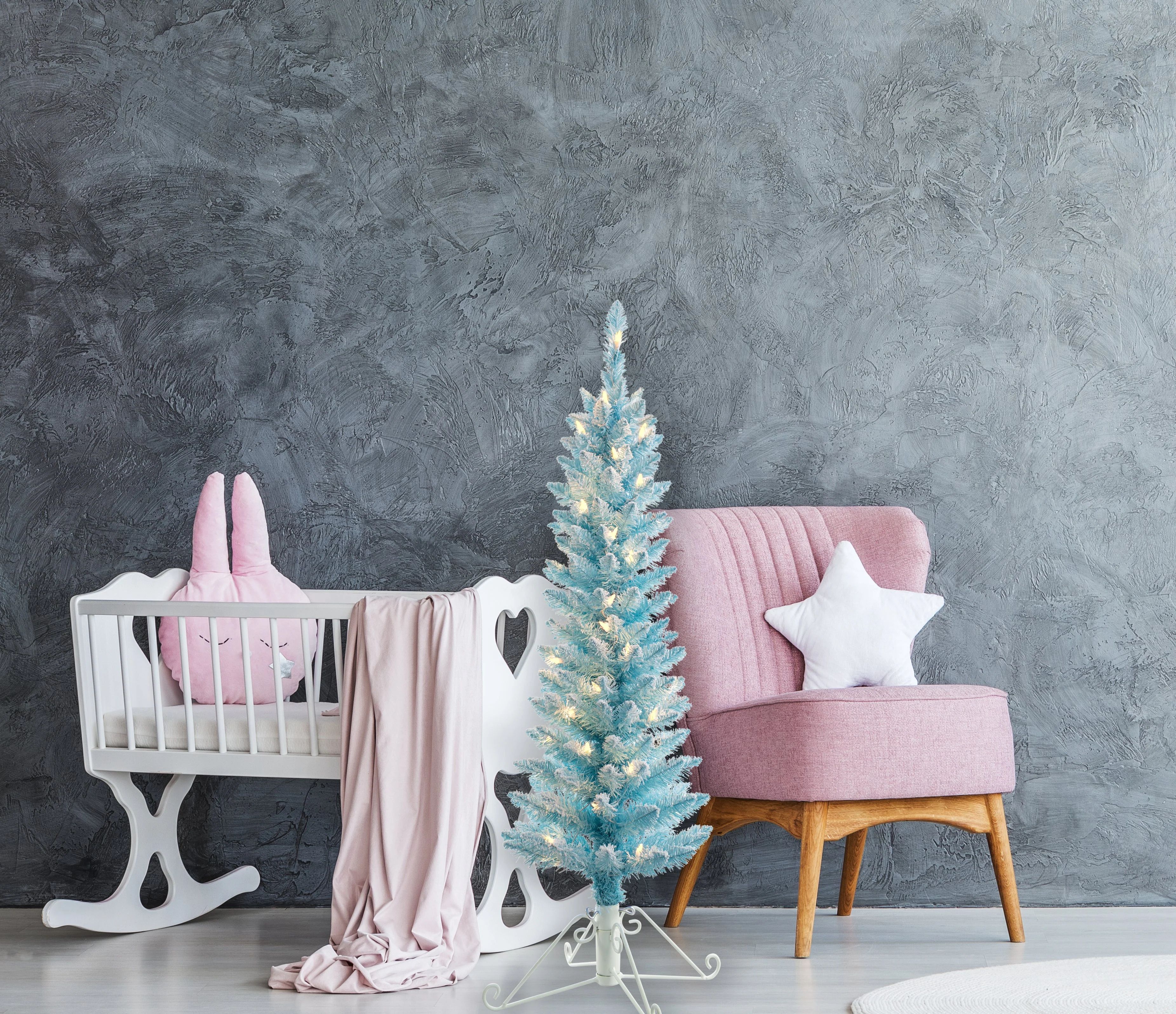 4 Foot Prelit Blue Cotton Candy Flocked Fir Christmas Tree - Image 4