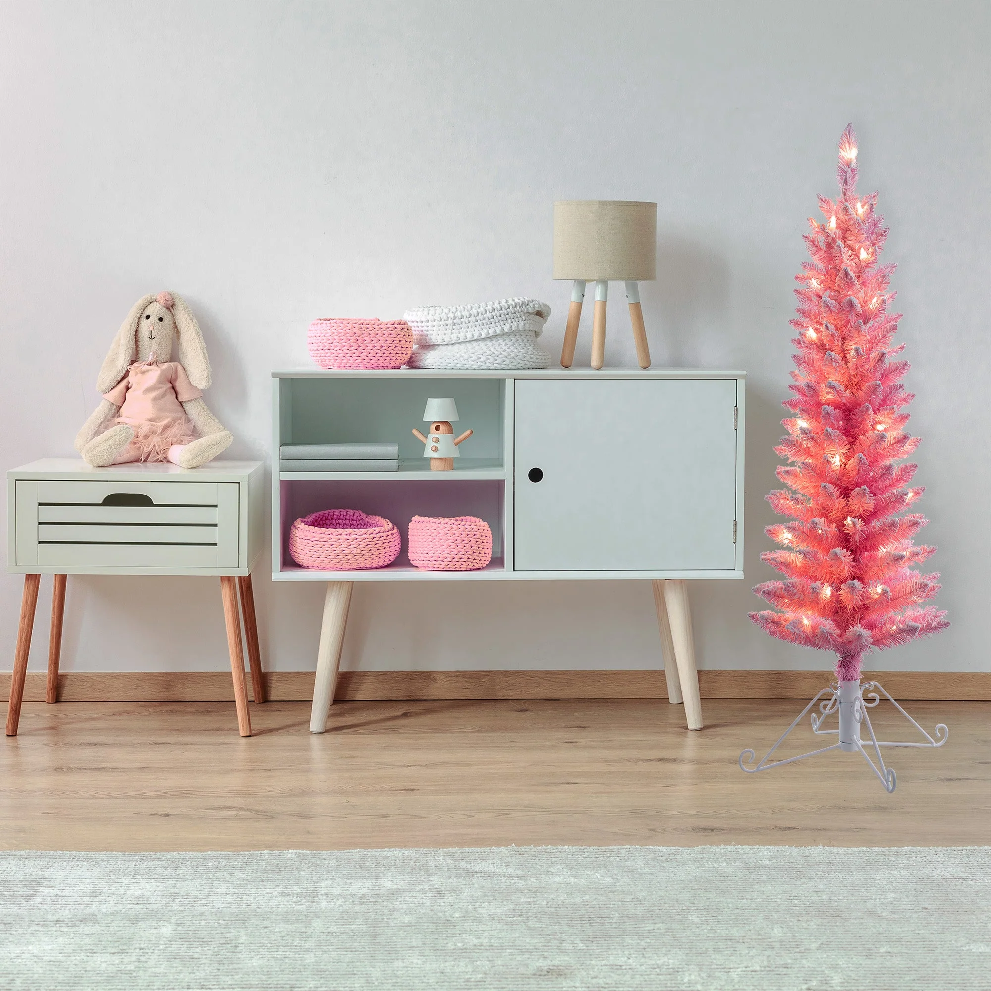 4 Foot Prelit Pink Cotton Candy Flocked Fir Christmas Tree - Image 4