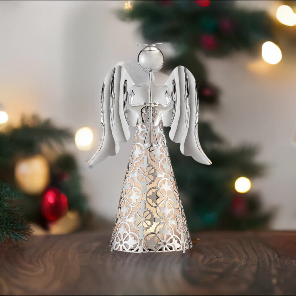 9 Inch LED Pre-lit Silver Plastic Tabletop Angel Christmas Decor with Built-in Timer - Image 3
