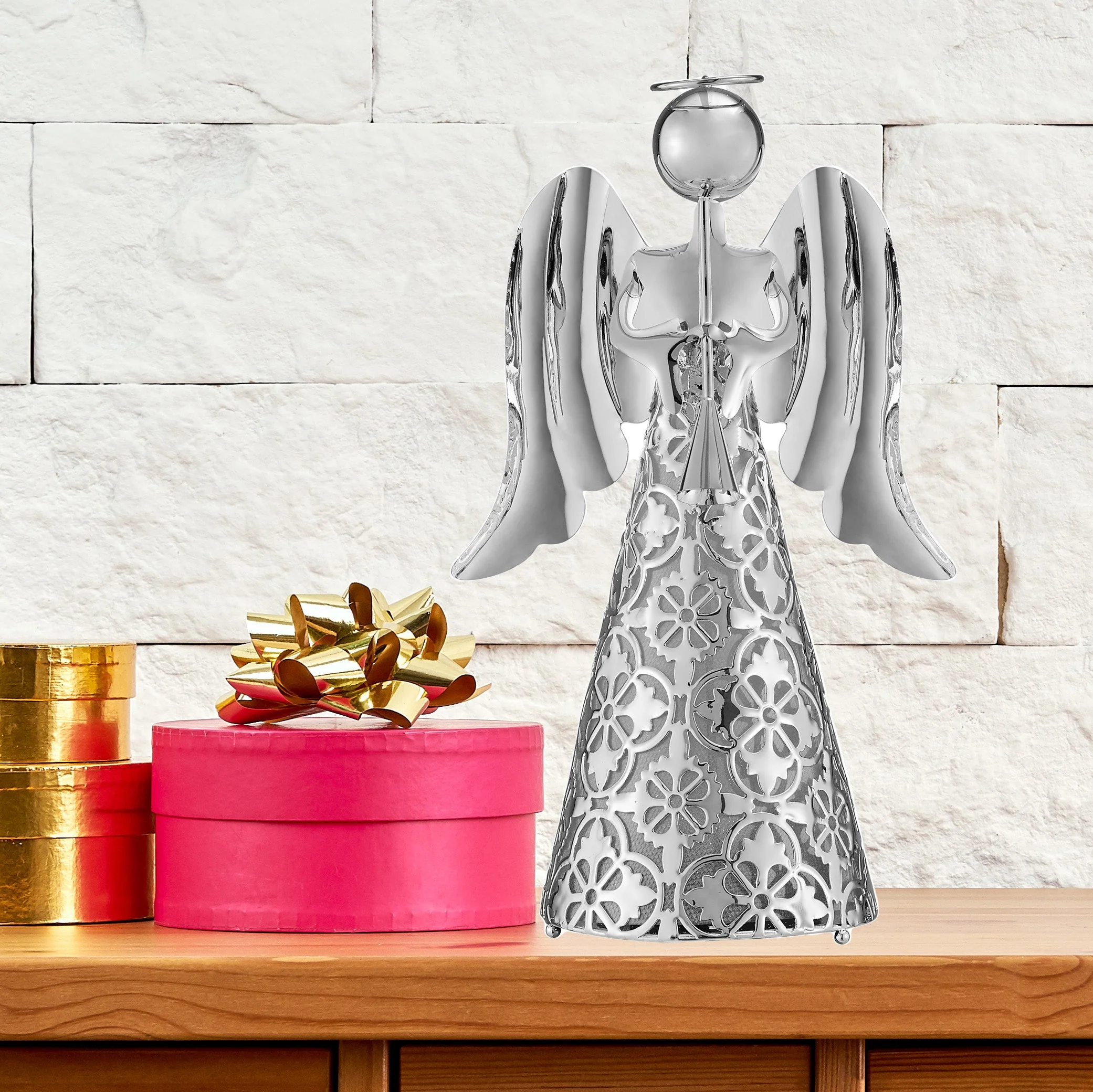 9 Inch LED Pre-lit Silver Plastic Tabletop Angel Christmas Decor with Built-in Timer - Image 5
