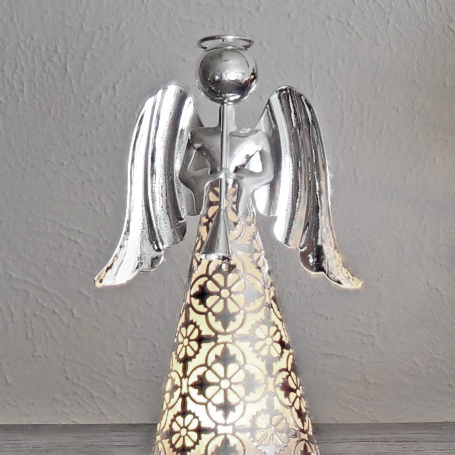 9 Inch LED Pre-lit Silver Plastic Tabletop Angel Christmas Decor with Built-in Timer - Image 6