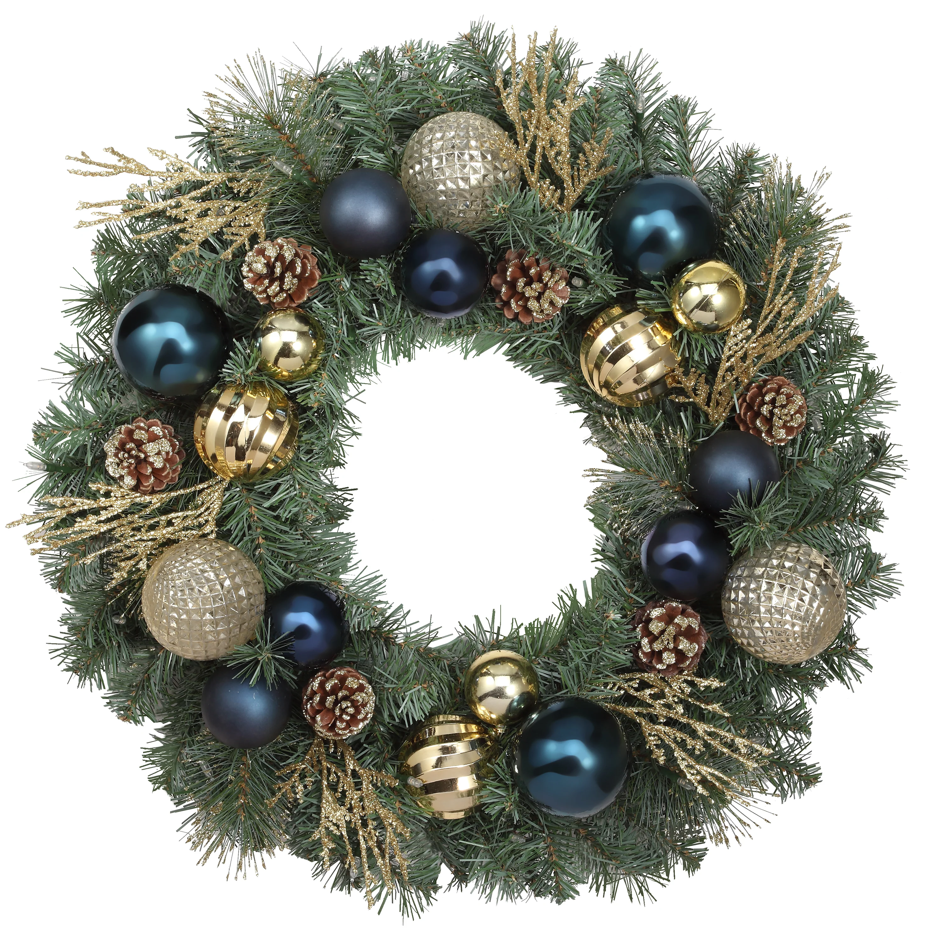 Haute Decor 24 Inch Sutton Place Christmas Wreath with Blue and Gold Shatterproof Ornaments - Image 5
