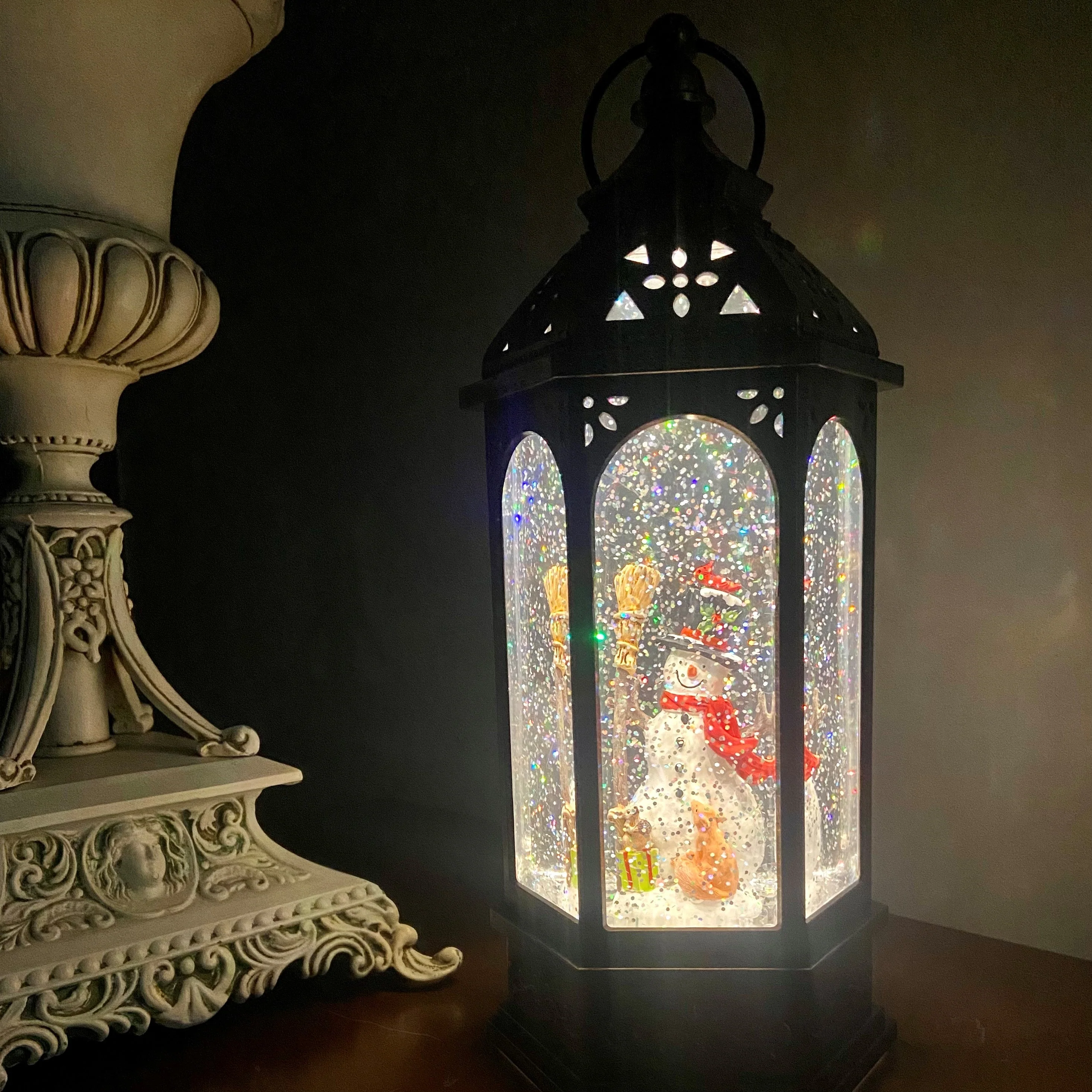 Snowburst Lantern with Snowman and Glittering Light Snow Show - Image 4