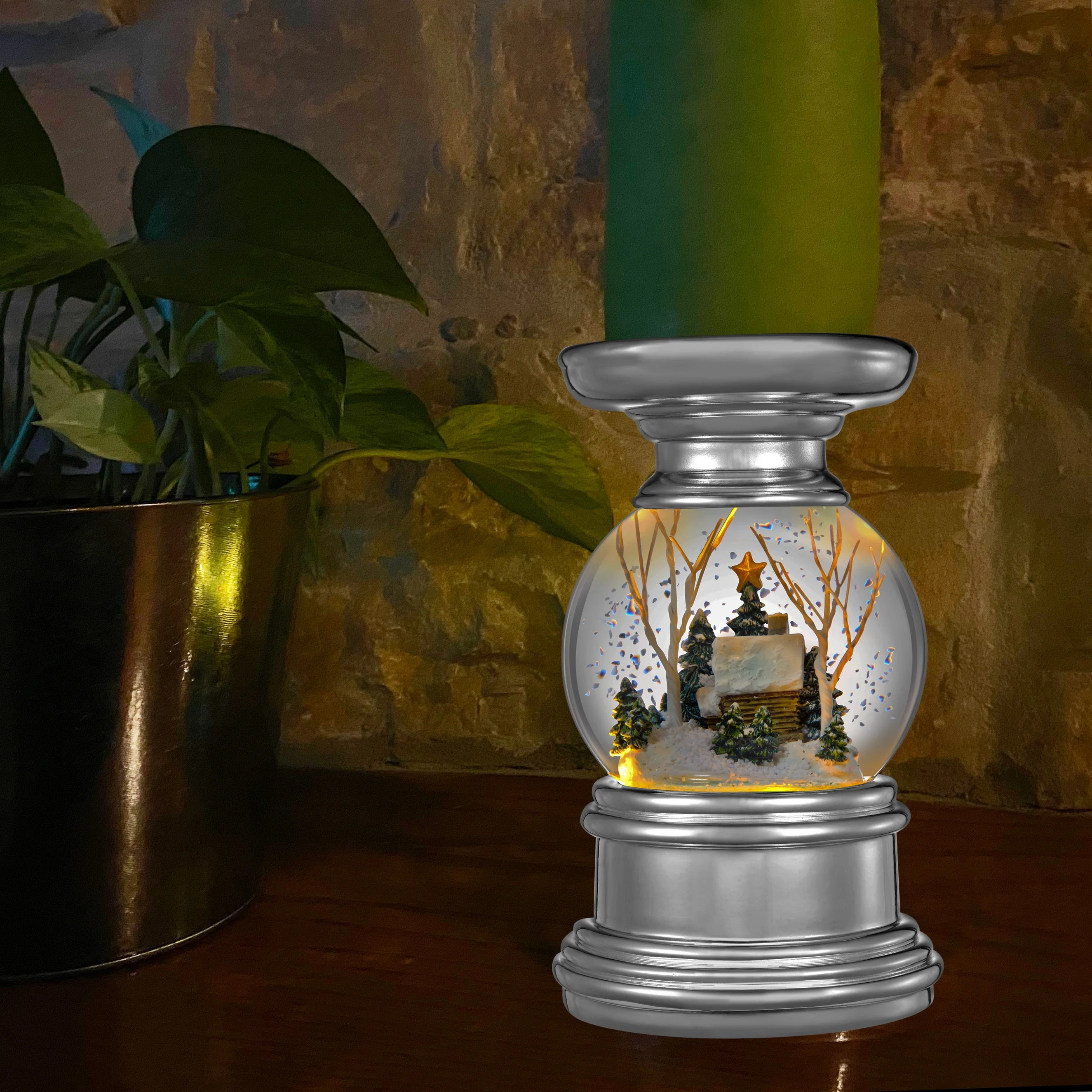 Snowburst Snow Globe Candle Holder - Log Cabin - Image 3