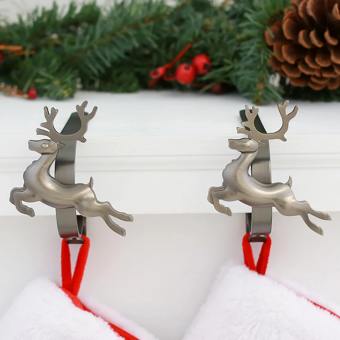The Original MantleClip Stocking Holder with Removable Metal Holiday Icons, 2 Pack - Pewter Reindeer - Image 2